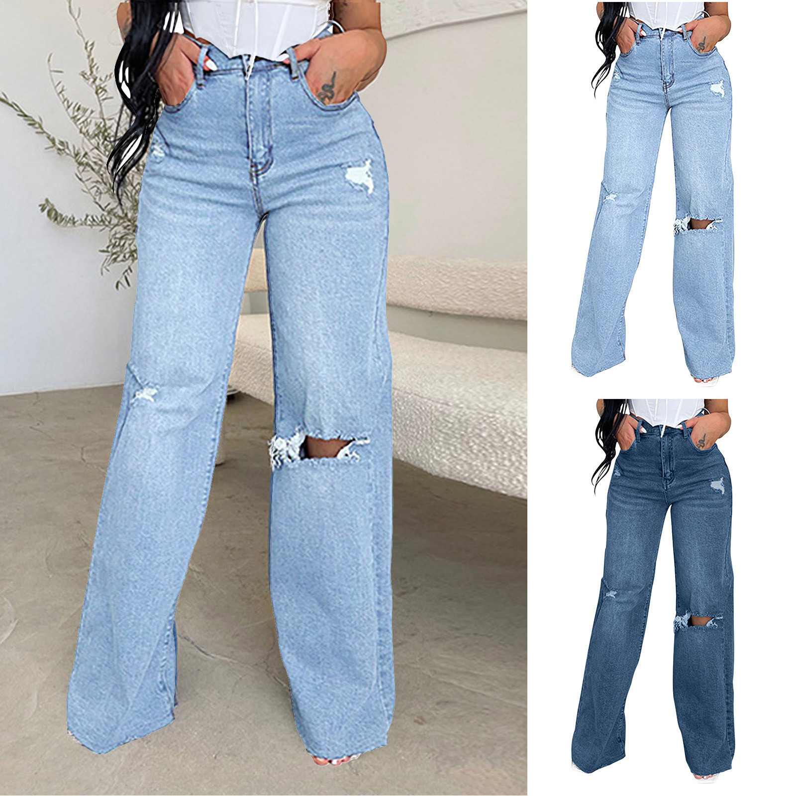 Jacenvly New Denim Pants for Women Long Pants Loose Solid Comfort Waist Wide Leg Jeans for Women Mid Waist Comfort Fit Comfort Waist Pocket Holes Dark Blue M